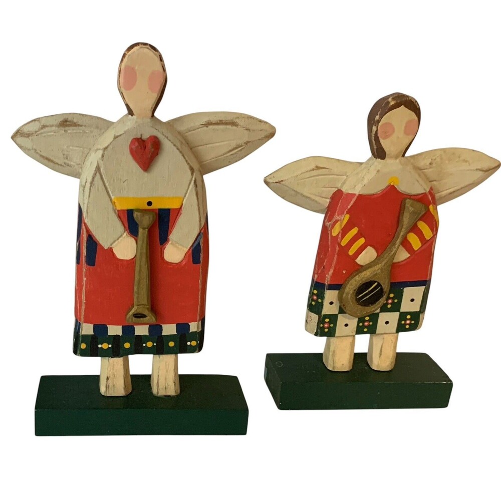 Ilona Steelhammer Wood Angel Musician Figures Folk Art Primitive Lot of 2